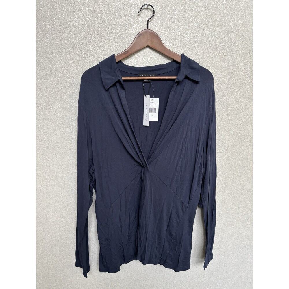 NWT Sanctuary womens blue long sleeve twisted front collared blouse stretch 3x